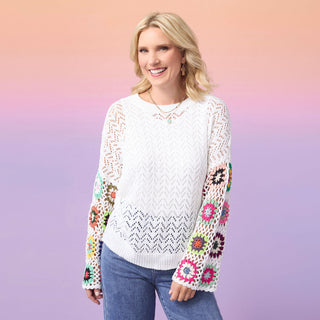 Edie Lightweight Sweater with Crochet Sleeve - White