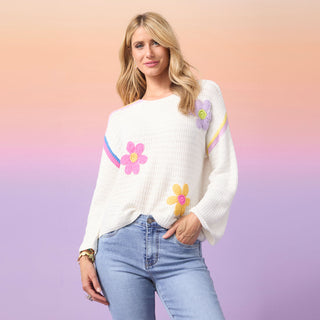 Cari Knit Top with Crochet Flowers - White