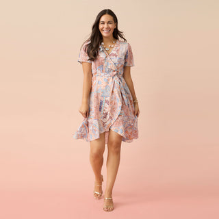 Aria Flutter-Sleeve Dress with Tie - Pastel Print
