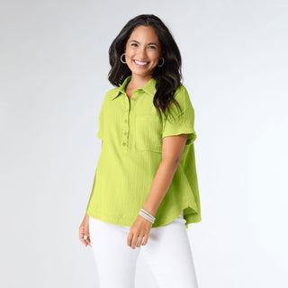 Gina Button Down Gauze Top - Creamy Lime