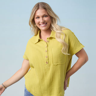 Gina Button Down Gauze Top - Creamy Lime