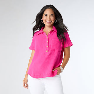 Gina Button Down Gauze Top - Bright Rose