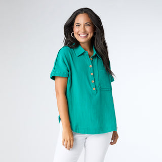 Gina Button Down Gauze Top - Emerald Green