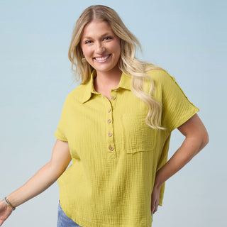 Gina Button Down Gauze Top - Emerald Green