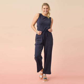 Hilarie Super Soft Crop Romper with Pockets - Navy