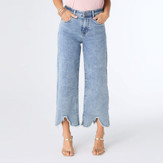 EverStretch Wide Leg Crop with Scalloped Fringe Bottom - Light Denim