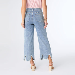 EverStretch Wide Leg Crop with Scalloped Fringe Bottom - Light Denim