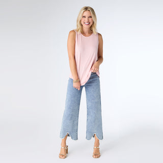 EverStretch Wide Leg Crop with Scalloped Fringe Bottom - Light Denim