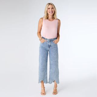 EverStretch Wide Leg Crop with Scalloped Fringe Bottom - Light Denim