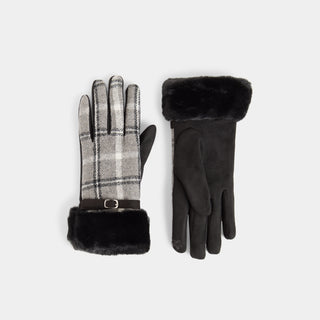 Belted Fur Cuff Plaid Touchscreen Gloves - Black