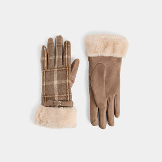 Belted Fur Cuff Plaid Touchscreen Gloves - Natural