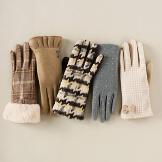 Belted Fur Cuff Plaid Touchscreen Gloves - Natural