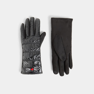 Cat Face Puffer Touchscreen Gloves - Black