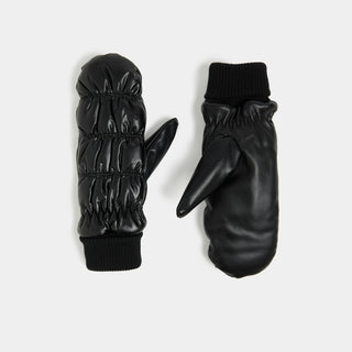 Faux Leather Puffer Mitten - Black
