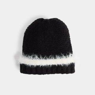 Shag Trim Knit Beanie - Black