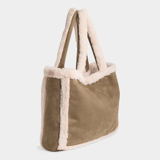 Laila Faux Suede Tote - Olive/Cream