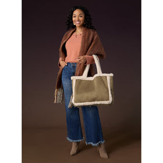 Laila Faux Suede Tote - Olive/Cream