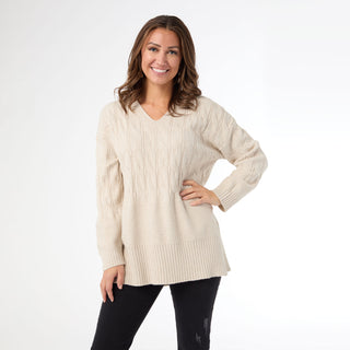 Heavenly-Luxe V Neck Cable Sweater with Rib Bottom - Oatmeal