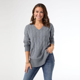 Heavenly-Luxe V Neck Cable Sweater with Rib Bottom - Mid Heather Grey