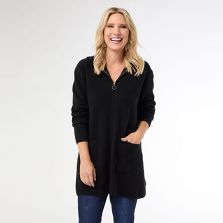 Heavenly-Luxe Zip Front Hooded Cardigan with Pockets - Black