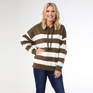 Heavenly-Luxe Stripe Pullover with Hood - Olive/Cream