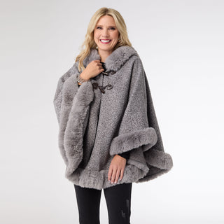 Felicity Hooded Poncho With Faux Fur Trim - Grey