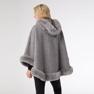 Felicity Hooded Poncho With Faux Fur Trim - Grey