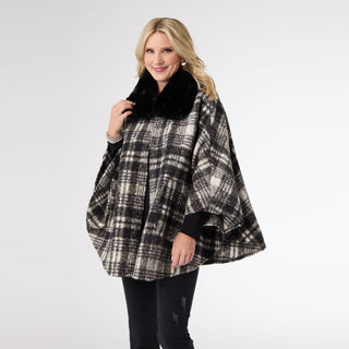 Dover Wrap With Faux Fur Collar - Black Plaid