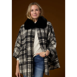 Dover Wrap With Faux Fur Collar - Black Plaid