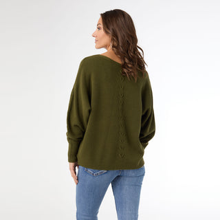 Relaxed Ciana Pullover Sweater with Lattice Back - Army Green