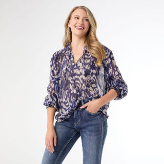Ravenna Sheer Print V-Neck Blouse - Indigo