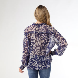 Ravenna Sheer Print V-Neck Blouse - Indigo
