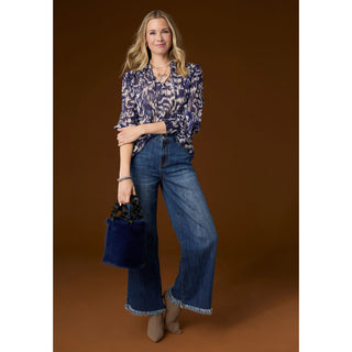 Ravenna Sheer Print V-Neck Blouse - Indigo
