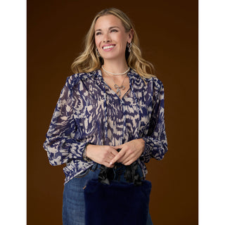Ravenna Sheer Print V-Neck Blouse - Indigo