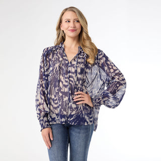 Ravenna Sheer Print V-Neck Blouse - Indigo