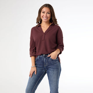 Michela Long Sleeve V-Neck Top - Raisin