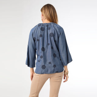 Gisella 3/4 Sleeve Top with Circle Bursts - Denim