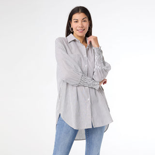 Tianna Striped Tunic Top with Cinched Sleeve - White/Black