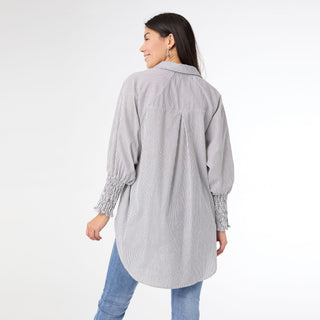 Tianna Striped Tunic Top with Cinched Sleeve - White/Black