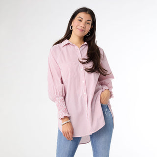 Tianna Striped Tunic Top with Cinched Sleeve - White/Burgundy