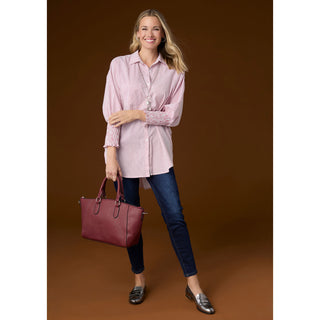 Tianna Striped Tunic Top with Cinched Sleeve - White/Burgundy