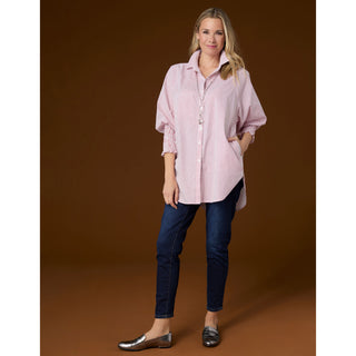 Tianna Striped Tunic Top with Cinched Sleeve - White/Burgundy