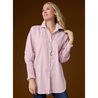 Tianna Striped Tunic Top with Cinched Sleeve - White/Burgundy