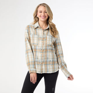 Becca Flannel Shirt with Distressing - Ivory/Blue/Brown