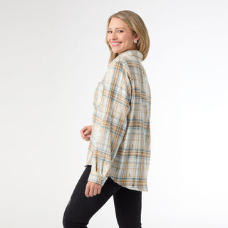 Becca Flannel Shirt with Distressing - Ivory/Blue/Brown