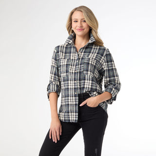 Becca Flannel Shirt with Distressing - Ivory/Black/Purple