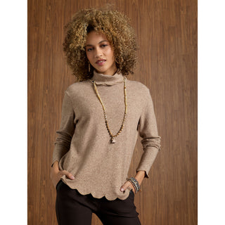 Ariana Turtleneck Top with Scalloped Trim - Beige