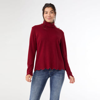 Ariana Turtleneck Top with Scalloped Trim - Burgundy