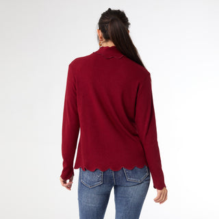 Ariana Turtleneck Top with Scalloped Trim - Burgundy