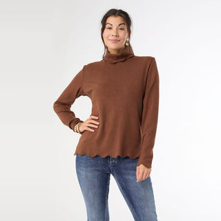 Ariana Turtleneck Top with Scalloped Trim - Chocolate